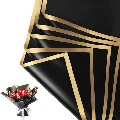 Just Flowers Waterproof Floral Wrapping Paper, Gift Wrapping Paper Roll Sheet, Florist Bouquet Supplies (Black with Golden Edge, Pack of 10) - Image 1