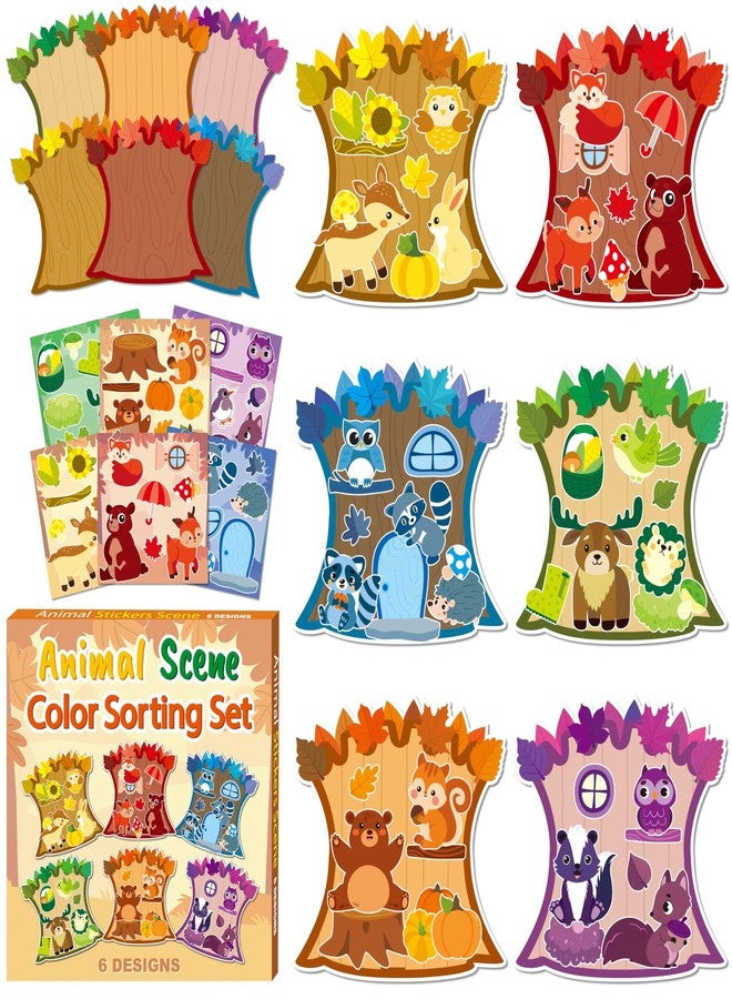 CY2SIDE 12 Sets Colorful Sorting Fall Woodland Animal Scene Sticker Art Craft for Kids, Make A Fall Woodland Scene with Fox Pumpkin Sticker, DIY Autumn Party Games for School Classroom Activities - Image 1
