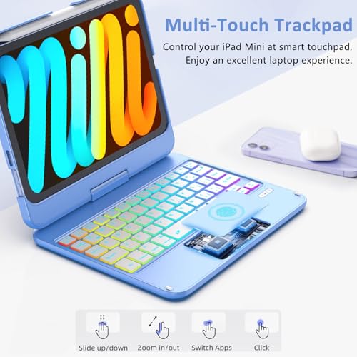 FUWANG Keyboard Case for iPad mini 7 A17 Pro (2024) & iPad mini 6th Generation (2021) 8.3-inch, 360° Swivel, Multi-Touch Trackpad, 7-Color Backlit, Keyboard Cover with Pencil Holder, Blue - Image 3