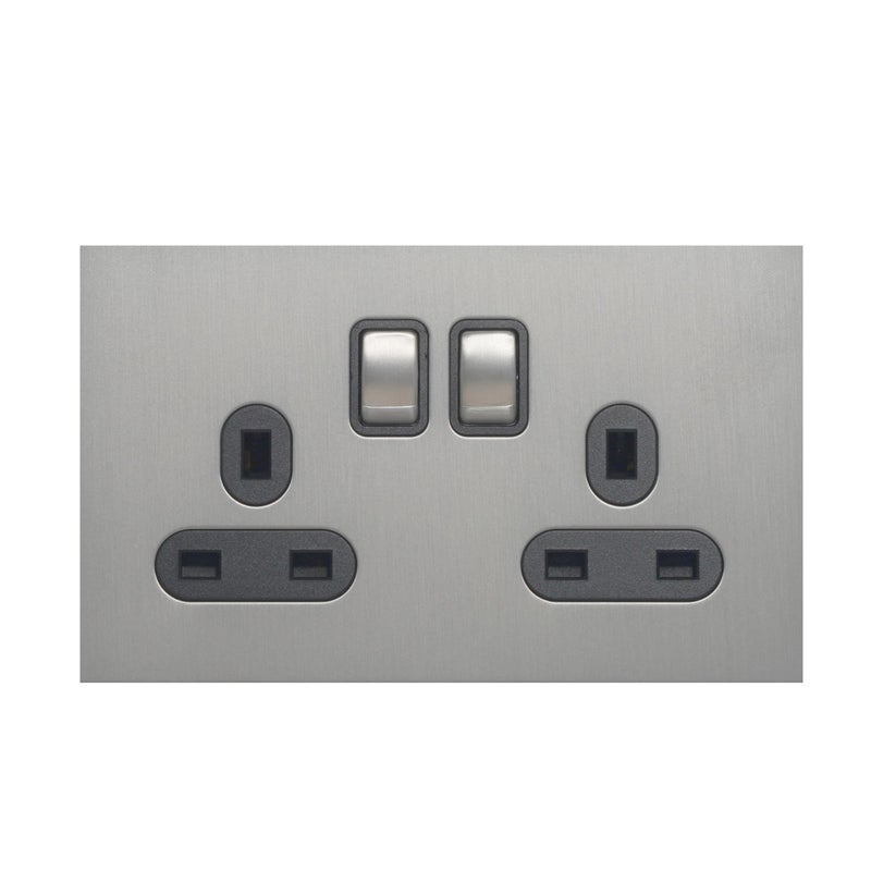 Donmarco 2 Gang Double UK Socket 13A - Ultra Slim Stainless Steel Panel, Fire-Resistant Electric Outlet, 3-Year Warranty – Elegant and Durable Power Outlet for Home and Office (Brushed Satin Nickel) - Image 1