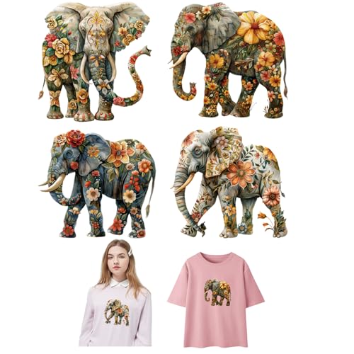 Adonisaon Flower Elephant Iron on Transfer Patches Decorative Floral Animal Sticker Appliques Iron on Vinyl Colorful Decals for Clothing Bags Pillow Cases Art Decorations Set of 4 - Image 5