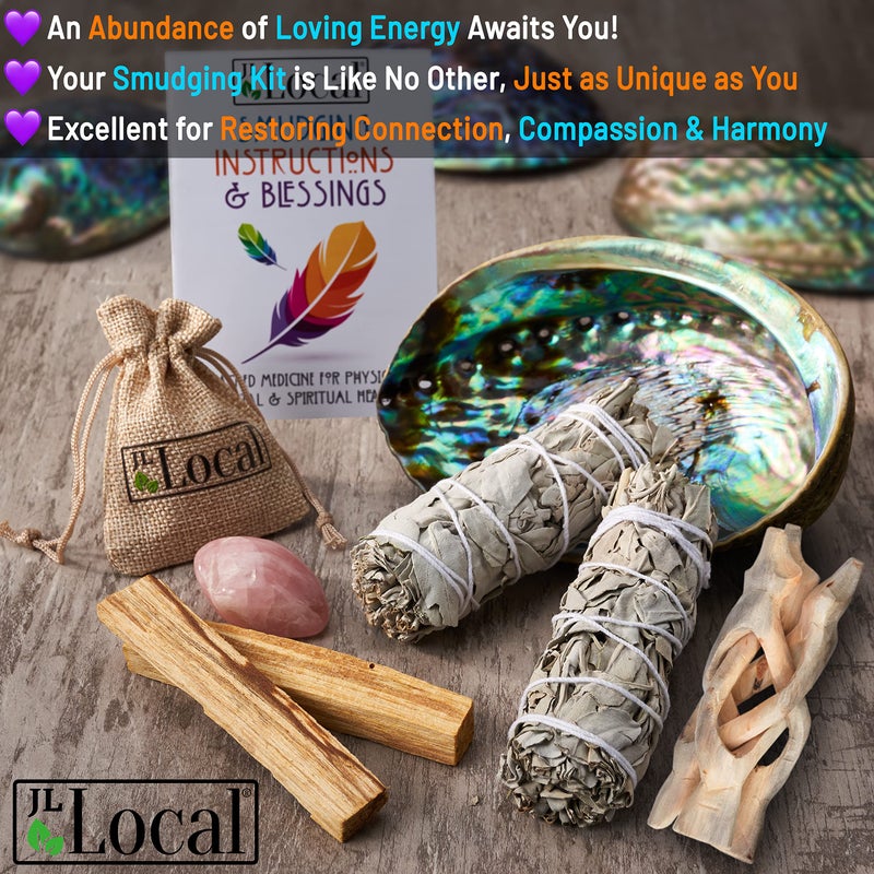 JL Local Perfect Unity Smudging Kit - 2 White Sage Smudge Sticks + 2 Palo Santo Sticks + Abalone Shell Bowl + Rose Quartz Crystal | Healing Incense for Cleansing, Blessing, Protection, Meditation - Image 2