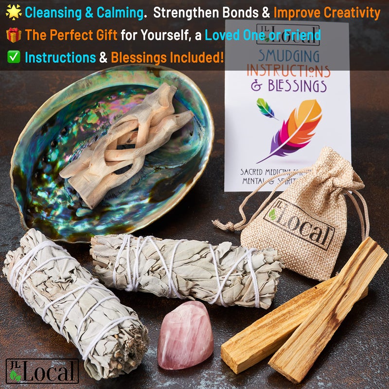 JL Local Perfect Unity Smudging Kit - 2 White Sage Smudge Sticks + 2 Palo Santo Sticks + Abalone Shell Bowl + Rose Quartz Crystal | Healing Incense for Cleansing, Blessing, Protection, Meditation - Image 4