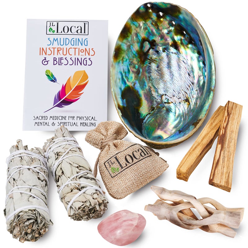 JL Local Perfect Unity Smudging Kit - 2 White Sage Smudge Sticks + 2 Palo Santo Sticks + Abalone Shell Bowl + Rose Quartz Crystal | Healing Incense for Cleansing, Blessing, Protection, Meditation - Image 1