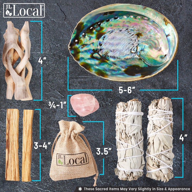 JL Local Perfect Unity Smudging Kit - 2 White Sage Smudge Sticks + 2 Palo Santo Sticks + Abalone Shell Bowl + Rose Quartz Crystal | Healing Incense for Cleansing, Blessing, Protection, Meditation - Image 3