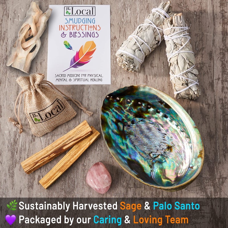JL Local Perfect Unity Smudging Kit - 2 White Sage Smudge Sticks + 2 Palo Santo Sticks + Abalone Shell Bowl + Rose Quartz Crystal | Healing Incense for Cleansing, Blessing, Protection, Meditation - Image 5