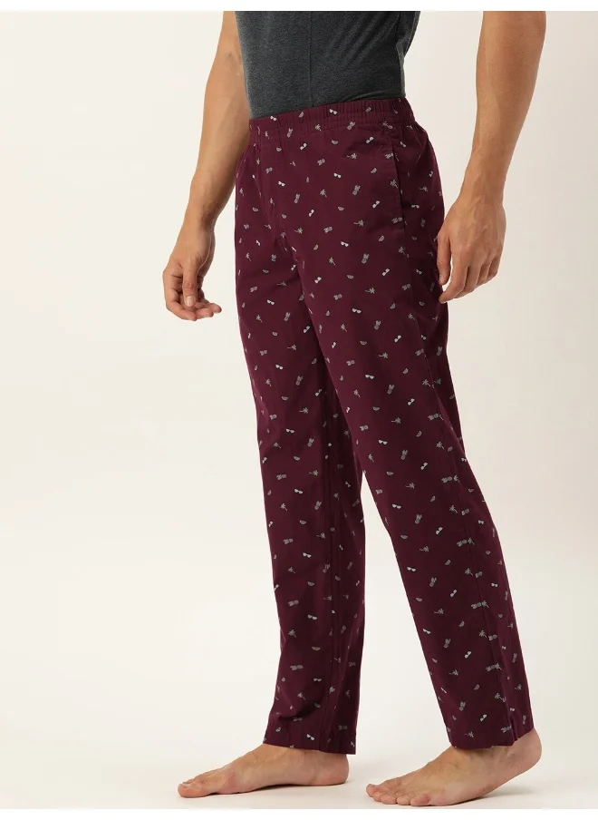 The Indian Garage Co Burgundy Men Slim Fit Casual Graphic Regular Lounge Pants