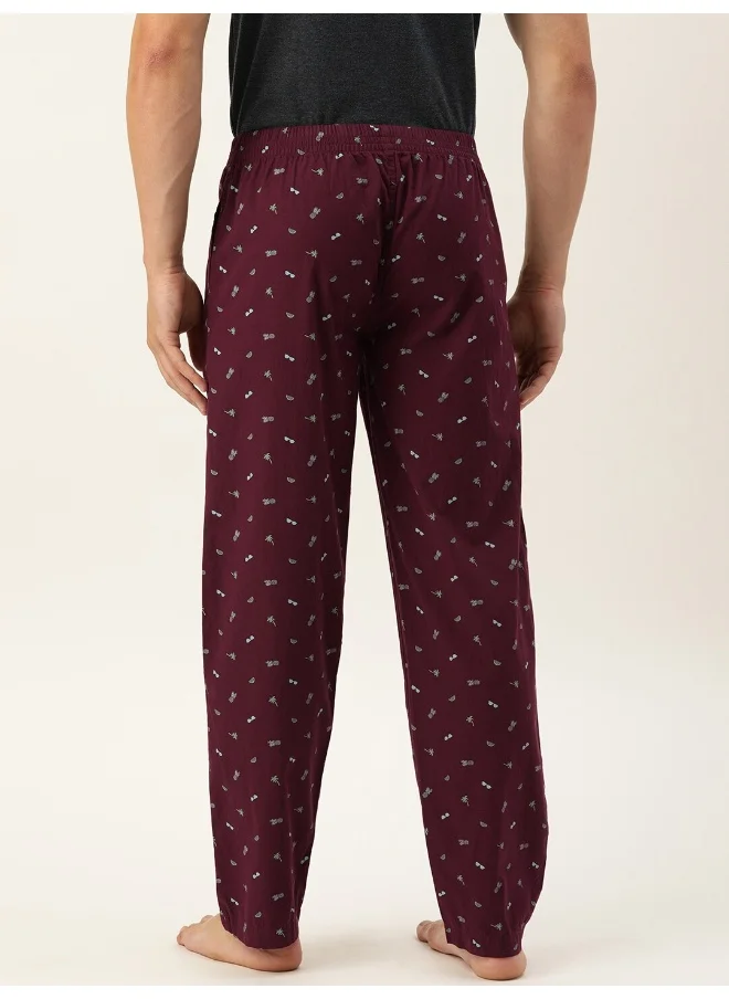 The Indian Garage Co Burgundy Men Slim Fit Casual Graphic Regular Lounge Pants