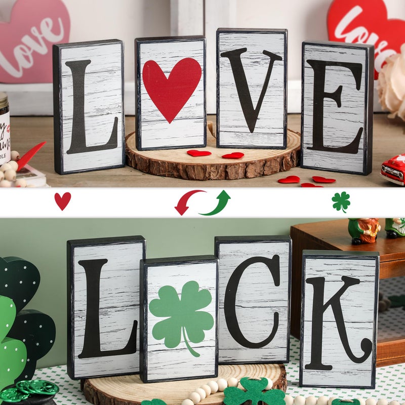NEWLIGHTURE Valentine's Day Décor 4 PCS Reversible St. Patrick's Day Wood Signs Tiered Tray Mantle Shelf Décor for Valentine Farmhouse Heart Shamrocks Wood Blocks - Image 1