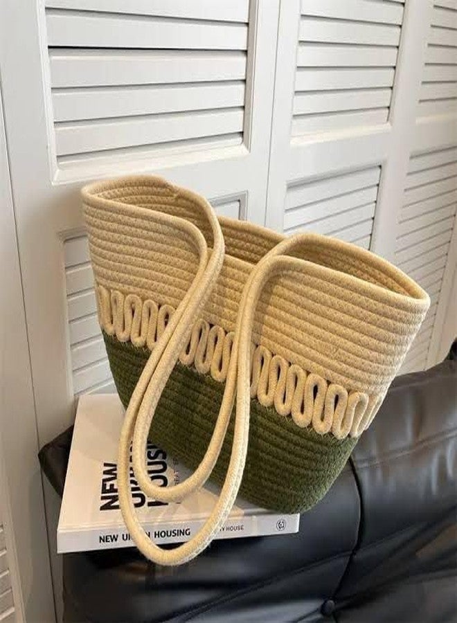 DYARCHY Attractive Hand Bag | Extra large Tote Bag | Summer Bag | Bucket Bag | Basket Bag | Bamboo Tote | Beach Bags for Women | Boho Bag | Kauna Bag | Handbag | Jute Bag | Handmade Bag (Green & beige) - Image 3