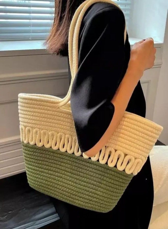 DYARCHY Attractive Hand Bag | Extra large Tote Bag | Summer Bag | Bucket Bag | Basket Bag | Bamboo Tote | Beach Bags for Women | Boho Bag | Kauna Bag | Handbag | Jute Bag | Handmade Bag (Green & beige) - Image 2