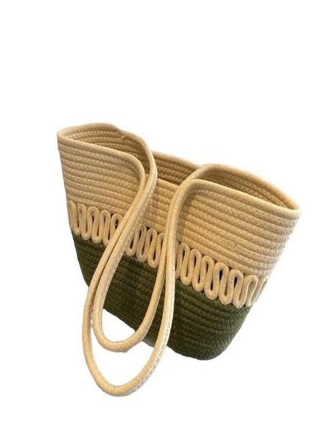 DYARCHY Attractive Hand Bag | Extra large Tote Bag | Summer Bag | Bucket Bag | Basket Bag | Bamboo Tote | Beach Bags for Women | Boho Bag | Kauna Bag | Handbag | Jute Bag | Handmade Bag (Green & beige) - Image 1