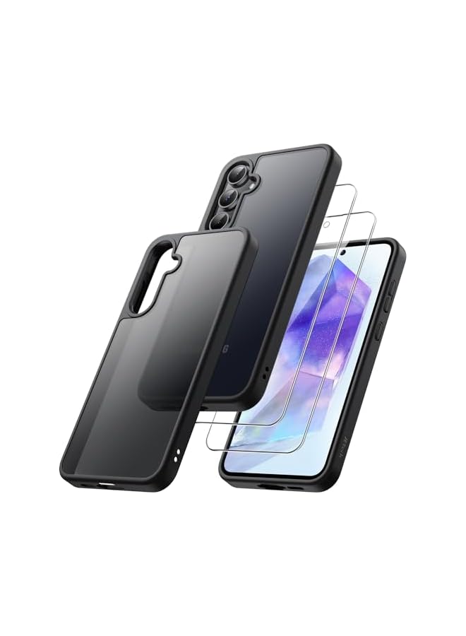 JETech 3 in 1 Matte Case for Galaxy A55 5G with 2-Pack Tempered Glass Screen Protector, Translucent Frosted Shockproof Phone Cover with Camera Protection (Black) - Image 1