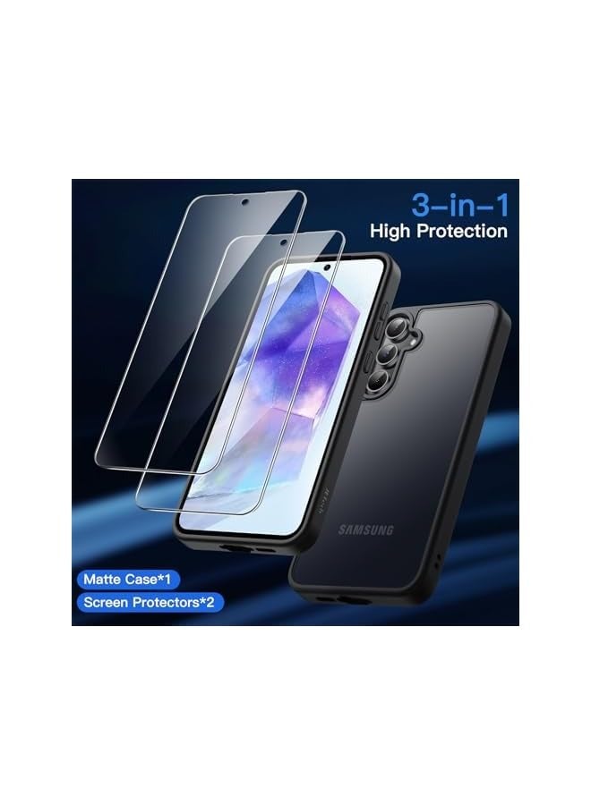 JETech 3 in 1 Matte Case for Galaxy A55 5G with 2-Pack Tempered Glass Screen Protector, Translucent Frosted Shockproof Phone Cover with Camera Protection (Black) - Image 3