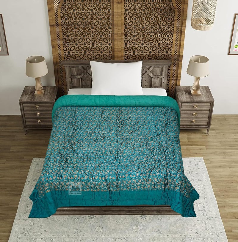 AARMOZY Cotton Silk Jaipuri AC QuiltRazai Gold Print Light Weight Jaipuriya RajaiRazzai Double Bed RAMA Green Floral - Image 4