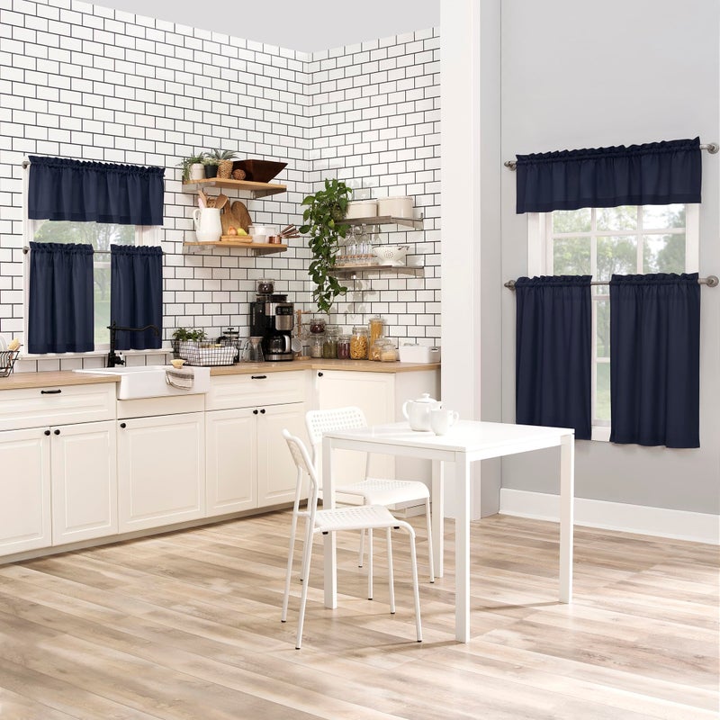 No. 918 Martine Microfiber Semi-Sheer Rod Pocket Kitchen Curtain Valance and Tiers Set, 54" x 36", Navy Blue - Image 5