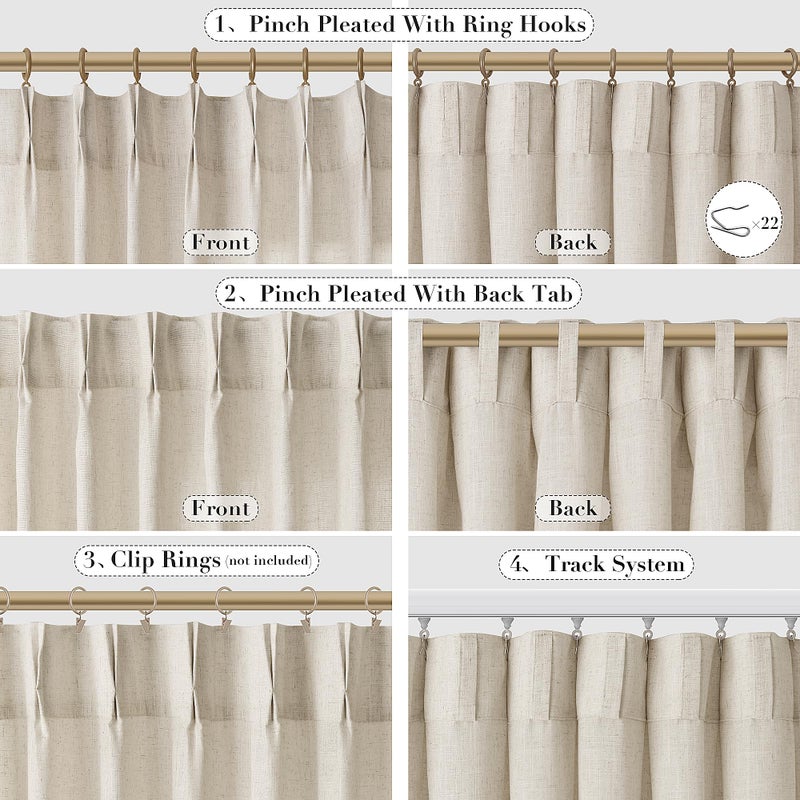 Joywell Linen Pinch Pleated Curtains 100 Inches Long Back Tab Clip Rings Window Semi Sheer Light Filtering Modern Flax Drapes with Hooks for Bedroom Living Room W50 x L100 Linen 2 Panels Set - Image 2
