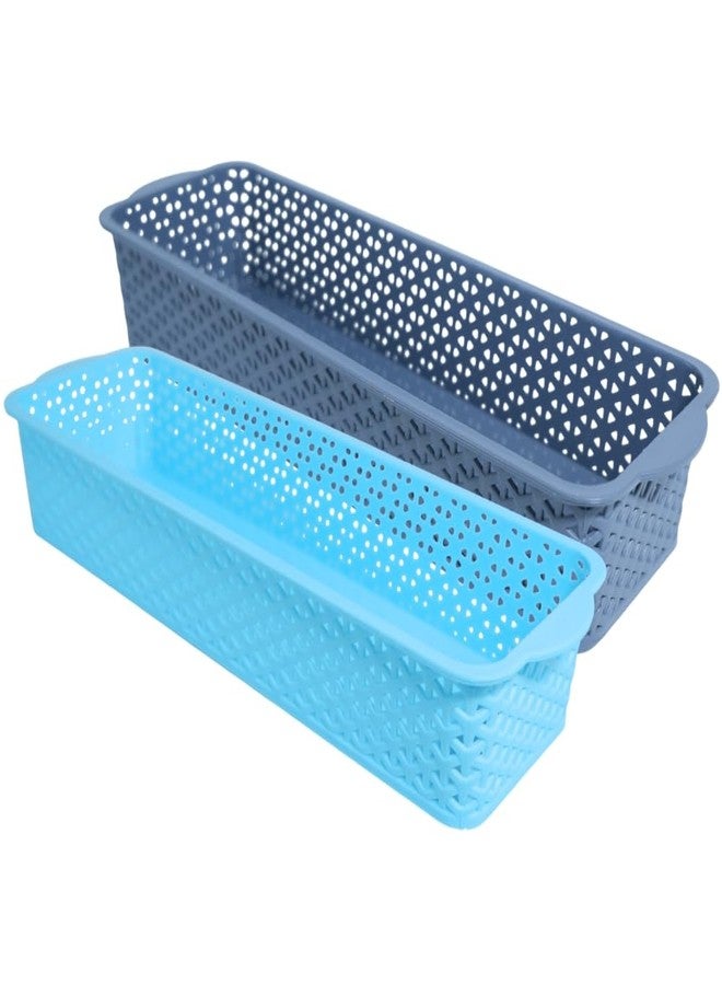 MORVI Deskmate Multi-Purpose Plastic Storage Basket|Durable Stackable Organizer Tokri For Home,Kitchen,Bathroom & Office| Drawer Tray,Cutlery,Cosmetics,Stationery|Set Of 2|Grey Blue - Image 1