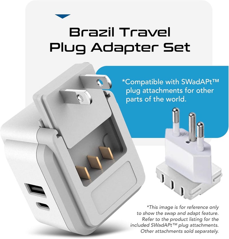Ceptics Brazil Power Plug Adapter Travel Set, 20W PD & QC, Safe Dual USB & USB-C 3.1A - 2 USA Socket - Compact & Powerful - Also Use in Peru, Chile - Includes Type C, Type N Swadapt Attachments - Image 5
