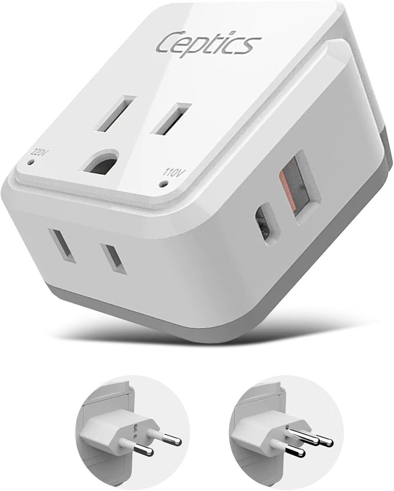 Ceptics Brazil Power Plug Adapter Travel Set, 20W PD & QC, Safe Dual USB & USB-C 3.1A - 2 USA Socket - Compact & Powerful - Also Use in Peru, Chile - Includes Type C, Type N Swadapt Attachments - Image 1