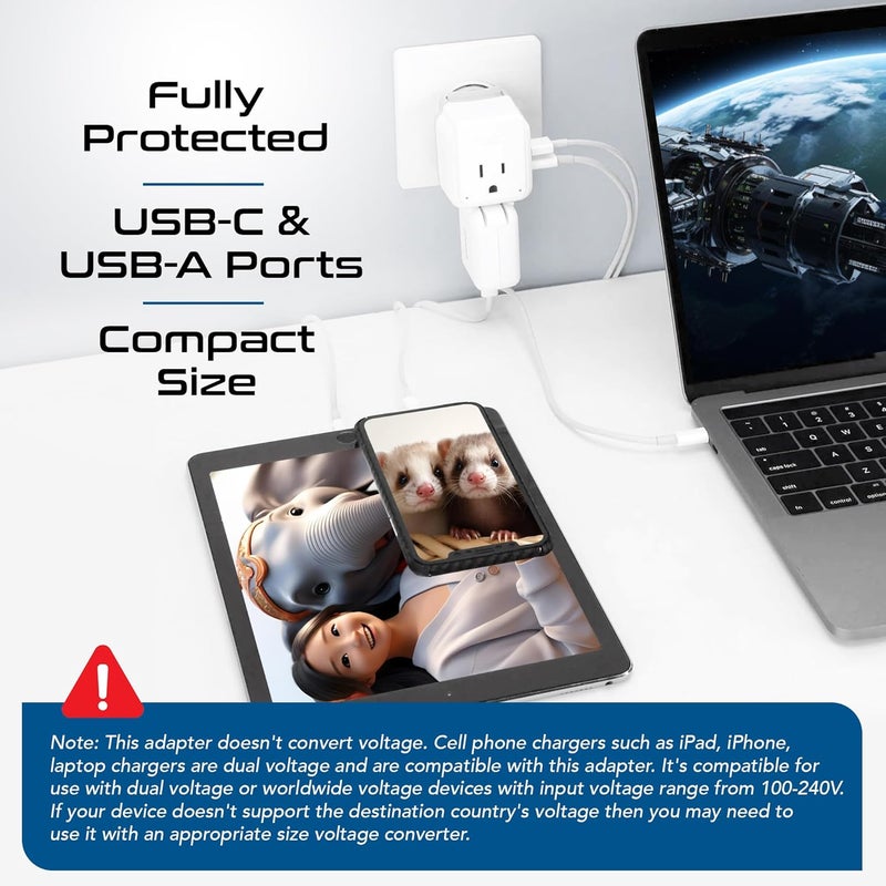 Ceptics Brazil Power Plug Adapter Travel Set, 20W PD & QC, Safe Dual USB & USB-C 3.1A - 2 USA Socket - Compact & Powerful - Also Use in Peru, Chile - Includes Type C, Type N Swadapt Attachments - Image 3