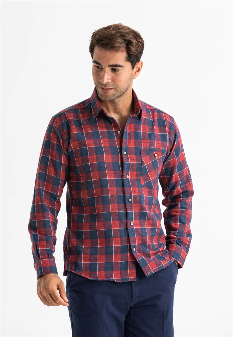 اليش شيل بيزي Long Sleeve Flannel Single Pocket Lumberjack Men's Shirt Navy Blue Red Checkered 4009