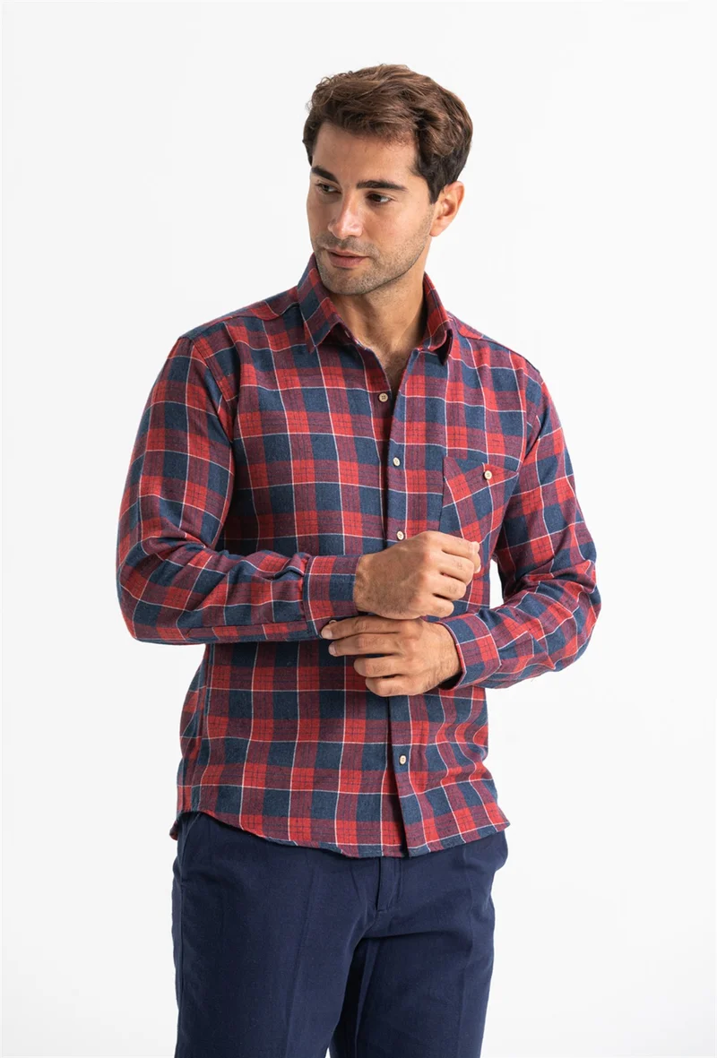 اليش شيل بيزي Long Sleeve Flannel Single Pocket Lumberjack Men's Shirt Navy Blue Red Checkered 4009