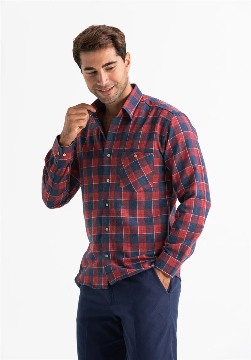 اليش شيل بيزي Long Sleeve Flannel Single Pocket Lumberjack Men's Shirt Navy Blue Red Checkered 4009