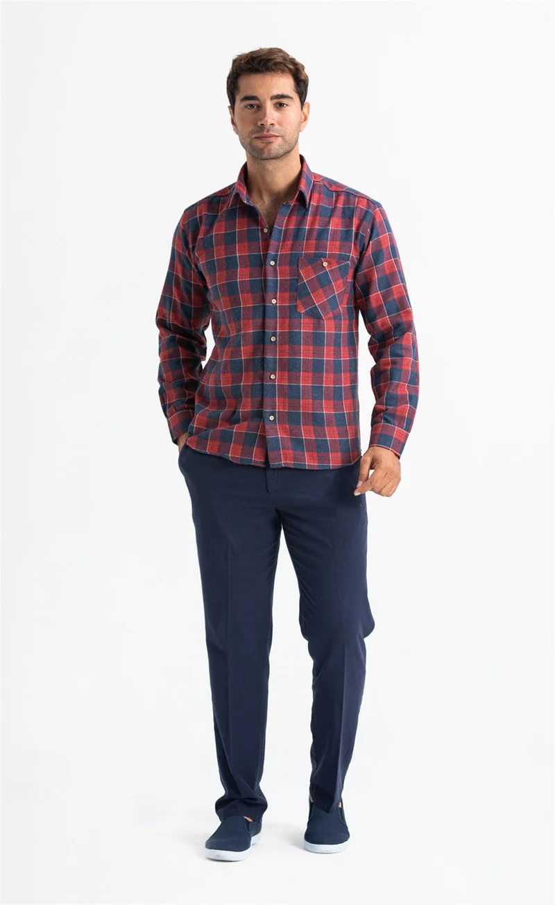 اليش شيل بيزي Long Sleeve Flannel Single Pocket Lumberjack Men's Shirt Navy Blue Red Checkered 4009