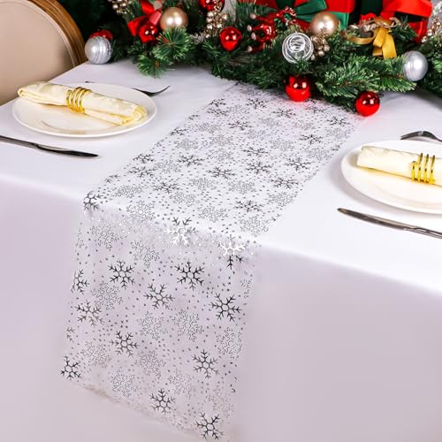 Snowkingdom 2 Pcs Christmas Snowflake Silver Table Runner 108 Inch Sparkly Silver Glitter Metallic Runners Decorations for Seasonal Winter Festival Holiday Home Party - Image 3