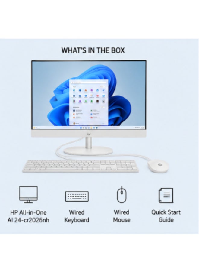 HP All-in-One AI 24-cr2026nh Desktop Computer, 24” FHD IPS Touch Display, Intel Core Ultra 7 255U, 8GB DDR5 RAM, 512GB NVMe SSD, Intel UHD Graphics, Windows 11 Pro, Wired Keyboard & Mouse, Snow White English Snow White - Image 2
