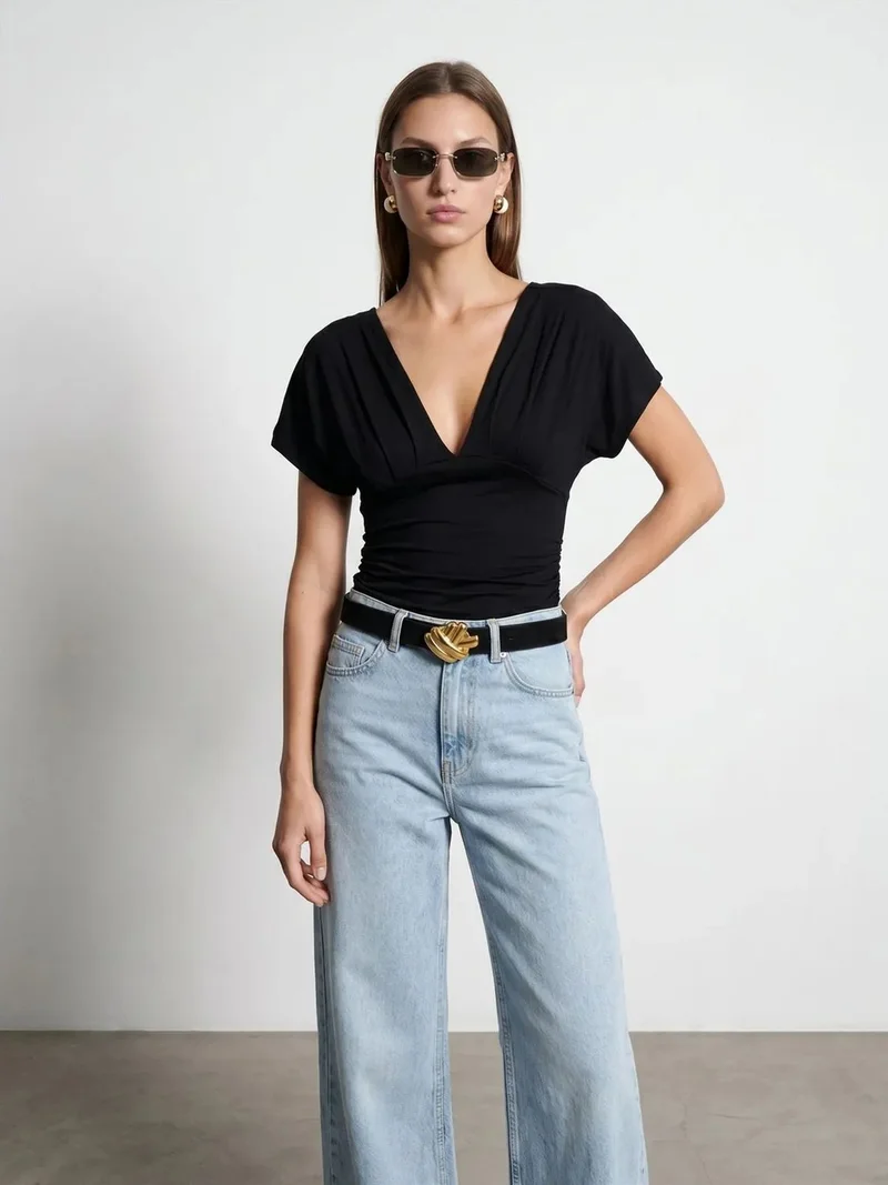 ديلفين Dilvin Slim Fit V-Neck Tie Detail Blouse