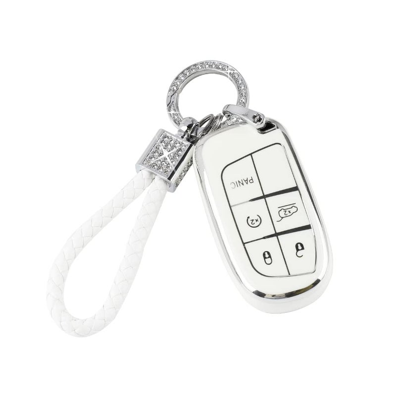 PIFOOG White Key Fob Cover for Jeep Grand Cherokee Compass Renegade Accessories TPU Soft Car Keys Case Shell Protector Bling Keychain 5 Buttons Girly Women Cute