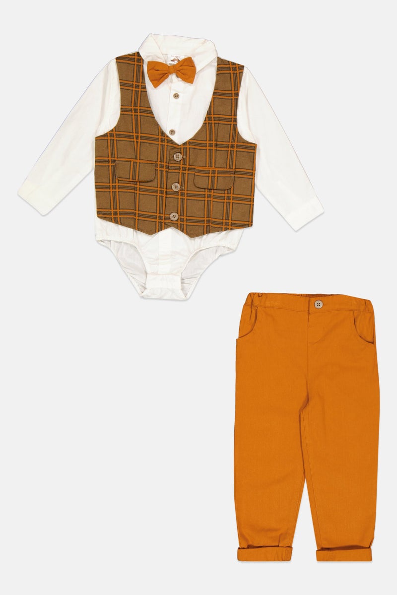 Little Gent Toddlers Boy 4 Pieces Solid Pants, Shirt ,Bow Tie And Waistcoat, White - Image 1