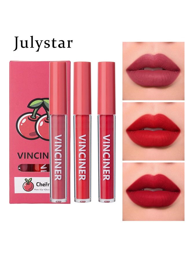 Julystar 3 Pieces Fruit Lip Glaze Set, Liquid Lip Glaze Waterproof Long Lasting Lip Gloss Nonstick Cup Nude Smoothing Lipstick Makeup Set Makeup Kits, Cherry - Image 1