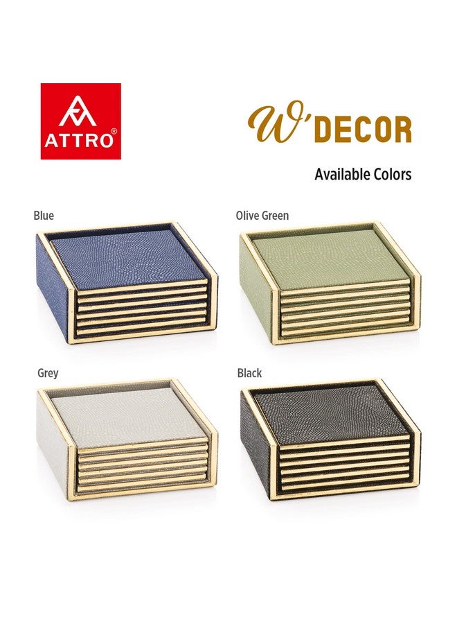 Attro Coaster 6Pcs Square PU Wooden Coaster Set for Room Décor, Office, Tea, Coffe and Drink - 6pcs Olive - Image 2