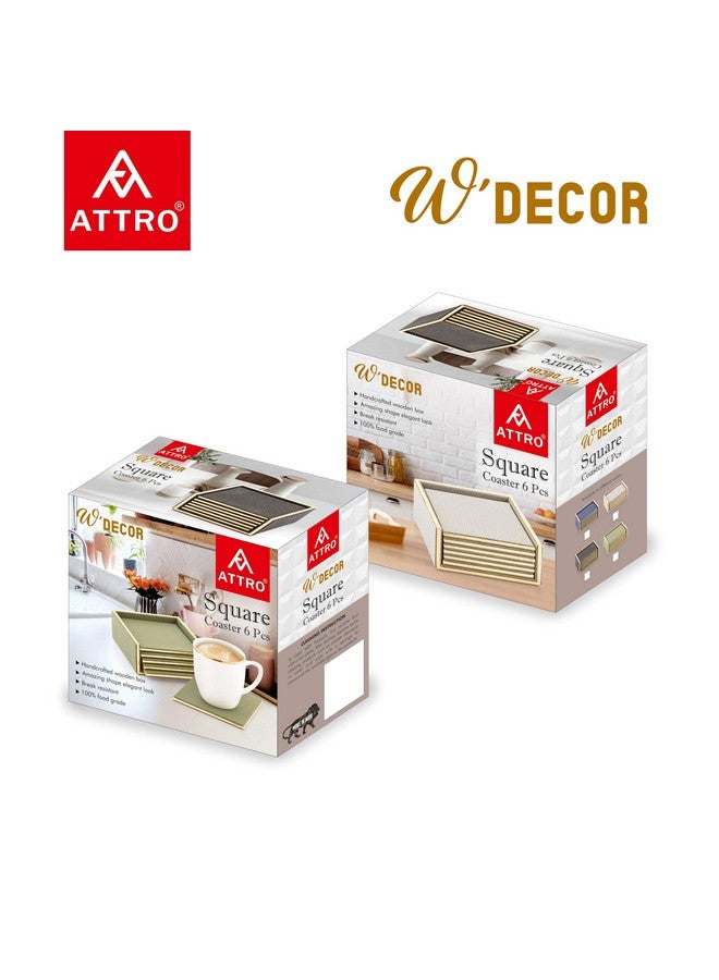 Attro Coaster 6Pcs Square PU Wooden Coaster Set for Room Décor, Office, Tea, Coffe and Drink - 6pcs Olive - Image 3