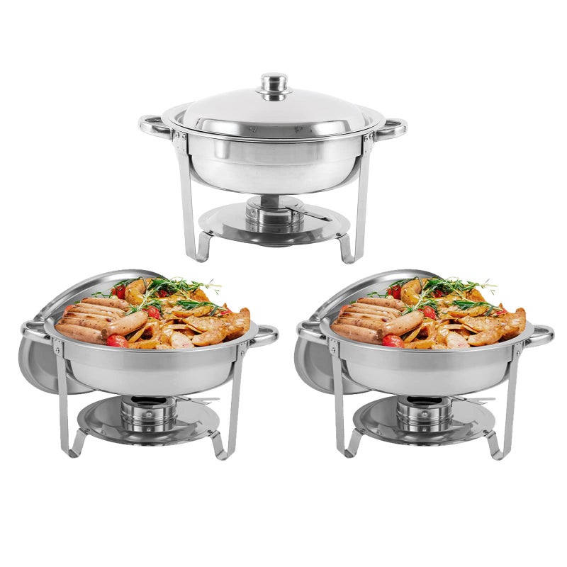 Restlrious Restlrious Chafing Dish Buffet Set 3 Pack Round Stainless Steel Chafers and Buffet Warmers Sets Full Size wWater Pan Food Pan Fuel Holder and Lid 5 QT for Catering Party Event Serving 