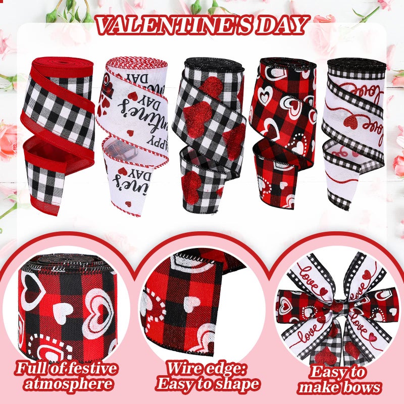Whaline 30 Yards Valentine's Day Wired Edge Ribbon Glitter Heart Truck Love Fabric Ribbon Red Black White Buffalo Plaids Craft Ribbon for Wedding Wrapping DIY Bow Wreath Craft Making, 5 Roll - Image 3