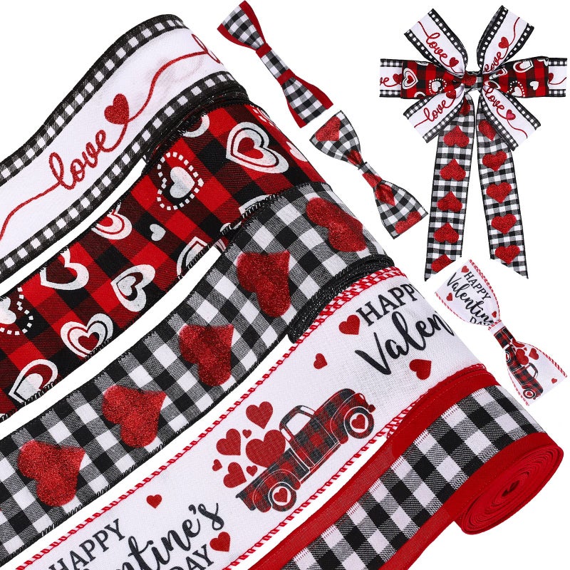 Whaline 30 Yards Valentine's Day Wired Edge Ribbon Glitter Heart Truck Love Fabric Ribbon Red Black White Buffalo Plaids Craft Ribbon for Wedding Wrapping DIY Bow Wreath Craft Making, 5 Roll - Image 1