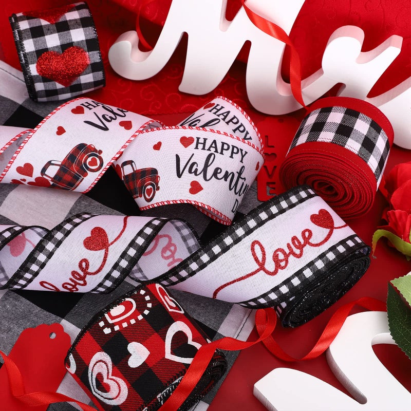 Whaline 30 Yards Valentine's Day Wired Edge Ribbon Glitter Heart Truck Love Fabric Ribbon Red Black White Buffalo Plaids Craft Ribbon for Wedding Wrapping DIY Bow Wreath Craft Making, 5 Roll - Image 4