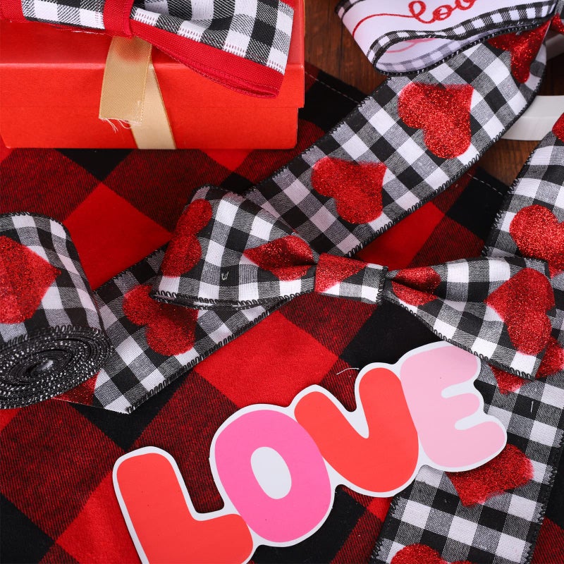Whaline 30 Yards Valentine's Day Wired Edge Ribbon Glitter Heart Truck Love Fabric Ribbon Red Black White Buffalo Plaids Craft Ribbon for Wedding Wrapping DIY Bow Wreath Craft Making, 5 Roll - Image 5