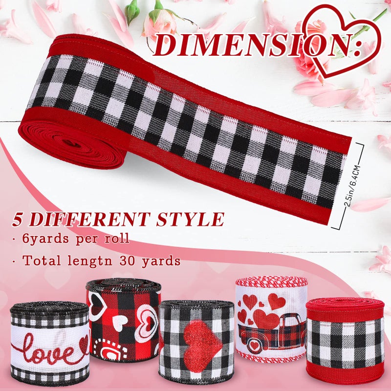Whaline 30 Yards Valentine's Day Wired Edge Ribbon Glitter Heart Truck Love Fabric Ribbon Red Black White Buffalo Plaids Craft Ribbon for Wedding Wrapping DIY Bow Wreath Craft Making, 5 Roll - Image 2