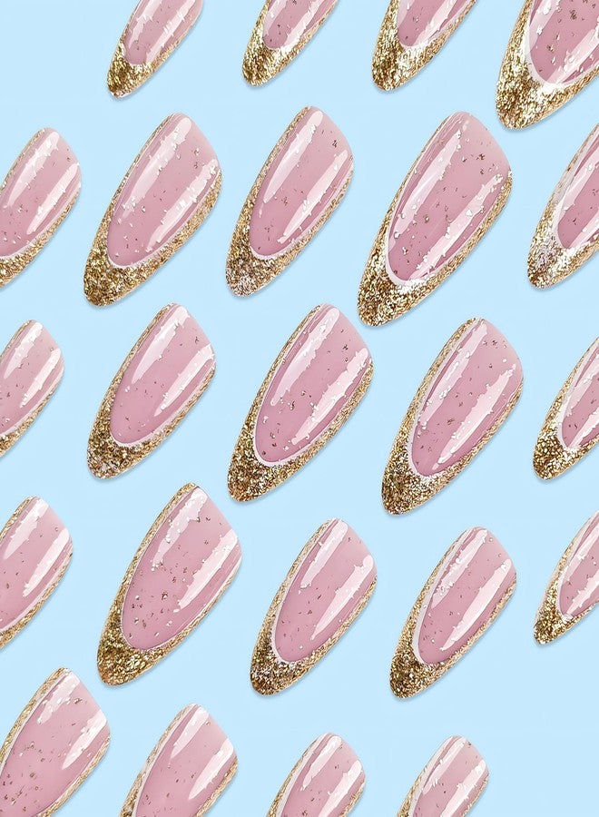 أظافر صناعية وردية متوسطة الحجم بتصميم لوزي، أظافر صناعية ذهبية اللون بتصميم فرنسي مع جليتر، أظافر لاصقة لامعة للنساء، أظافر لاصقة طبيعية المظهر - طقم 24 قطعة من الأظافر الصناعية - Image 3