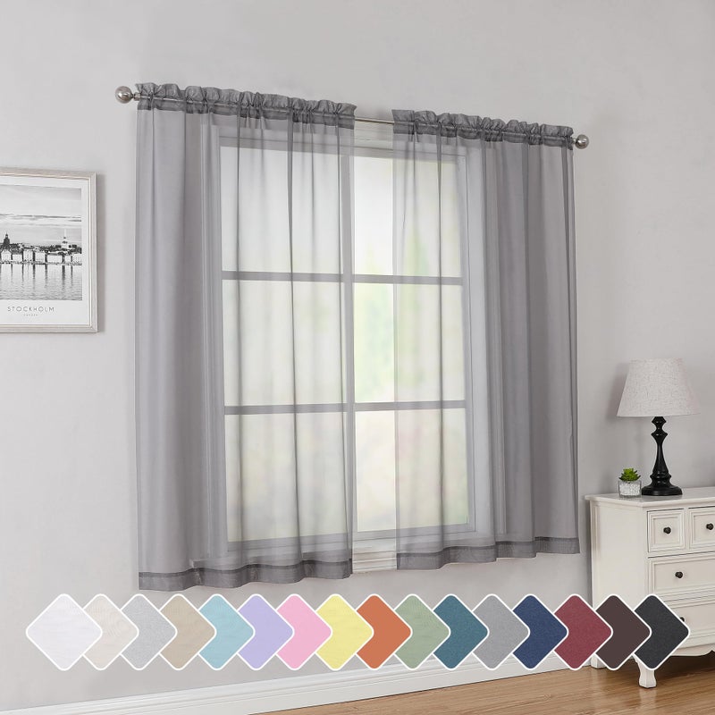 Simplebrand Grey Short Sheer Curtains 45 Inch Length for Small Windows Rod Pocket 2 Panels Set Solid Voile Drapes Window Sheer Curtains for Bedroom Bathroom Kids Room Kitchen 42x45 Inch Gray