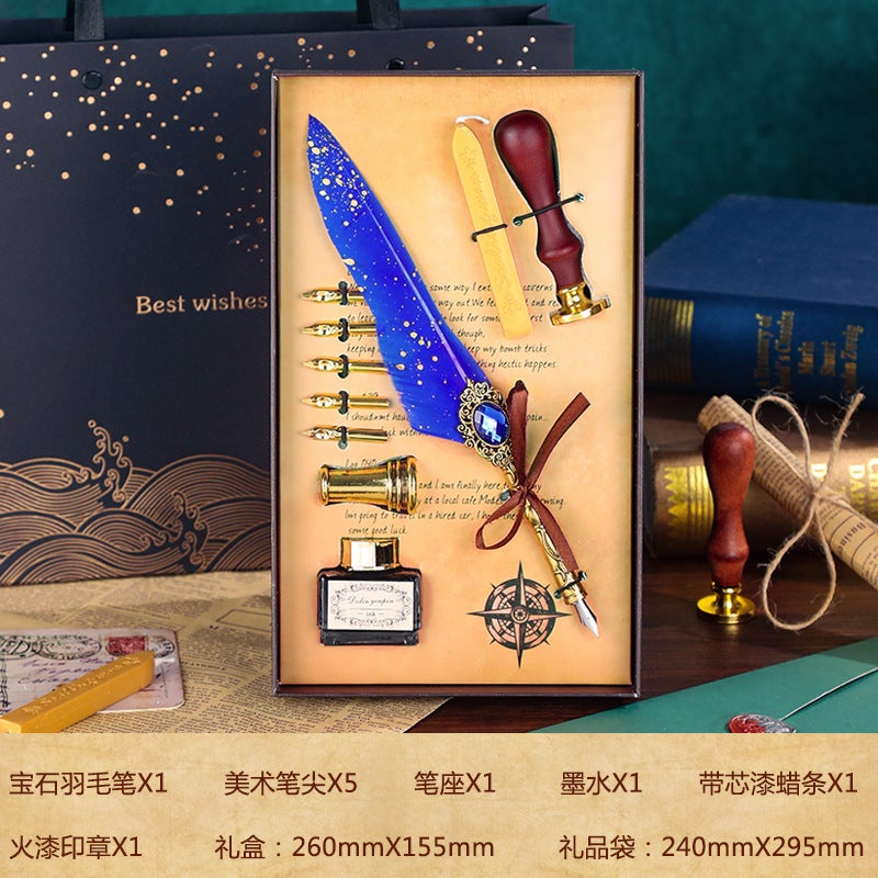 European style British style classic mechanical feather pen set dip pen new product dip pen calligraphy calligraphyPointed Jewel Quill Pen Set of 10-sapphire blue (without bag) Pointed Jewel Quill Pen Set of 10-sapphire blue (without bag)