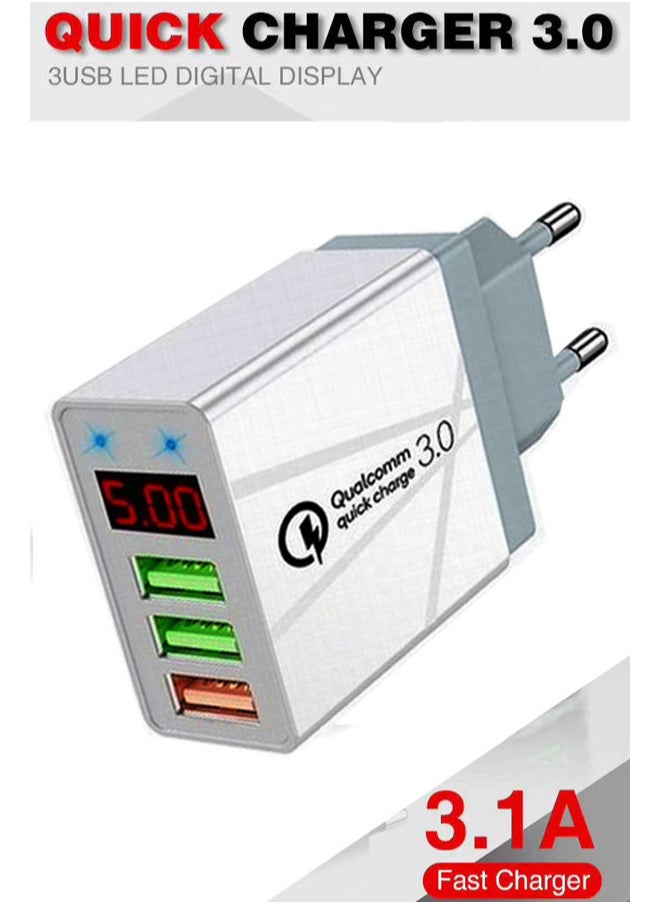 Generic - Mobile Phone Charger Digital Display Travel Wall Charger Adapter  3.1A Support  Fast Charger Quick Charge 3.1  with LED Display  For iPhone and Android  شاحن موبايل بتقنية الشحن السريع من كوالكوم مع 3 مخرج لشحن اكثر من هاتف وشاشة ديجيتال لعرض قوة الشحن  لشحن كل الهواتف - Image 1
