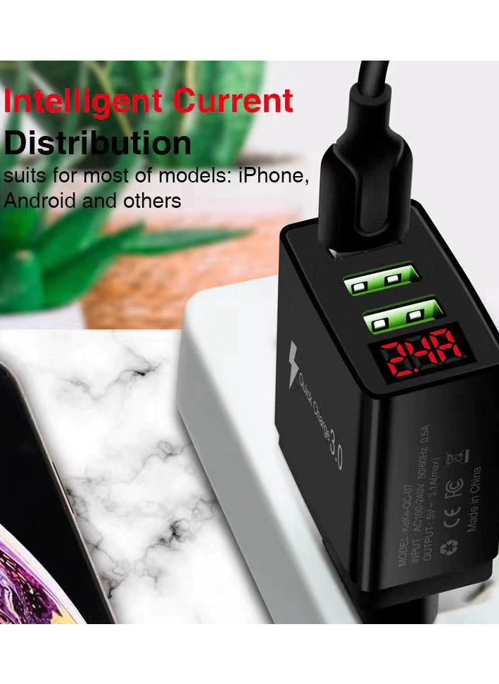 Generic - Mobile Phone Charger Digital Display Travel Wall Charger Adapter  3.1A Support  Fast Charger Quick Charge 3.1  with LED Display  For iPhone and Android  شاحن موبايل بتقنية الشحن السريع من كوالكوم مع 3 مخرج لشحن اكثر من هاتف وشاشة ديجيتال لعرض قوة الشحن  لشحن كل الهواتف - Image 1