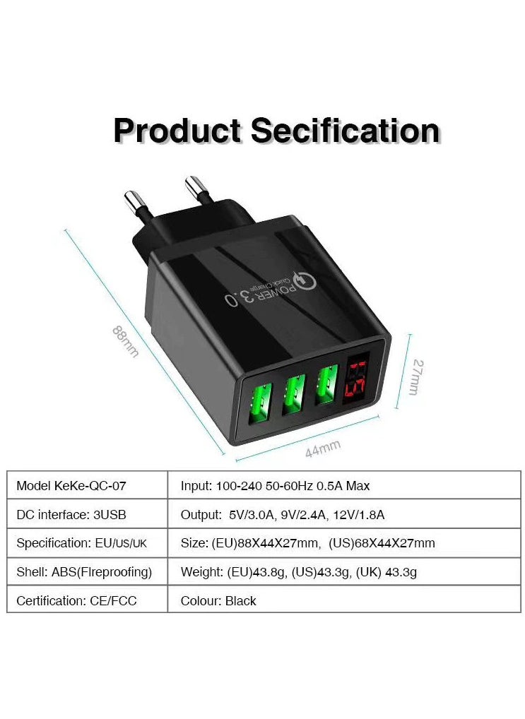 Generic - Mobile Phone Charger Digital Display Travel Wall Charger Adapter  3.1A Support  Fast Charger Quick Charge 3.1  with LED Display  For iPhone and Android  شاحن موبايل بتقنية الشحن السريع من كوالكوم مع 3 مخرج لشحن اكثر من هاتف وشاشة ديجيتال لعرض قوة الشحن  لشحن كل الهواتف - Image 1