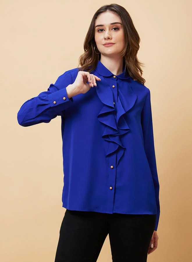 globus Royal Blue Ruffle Front Long Sleeve Shirt